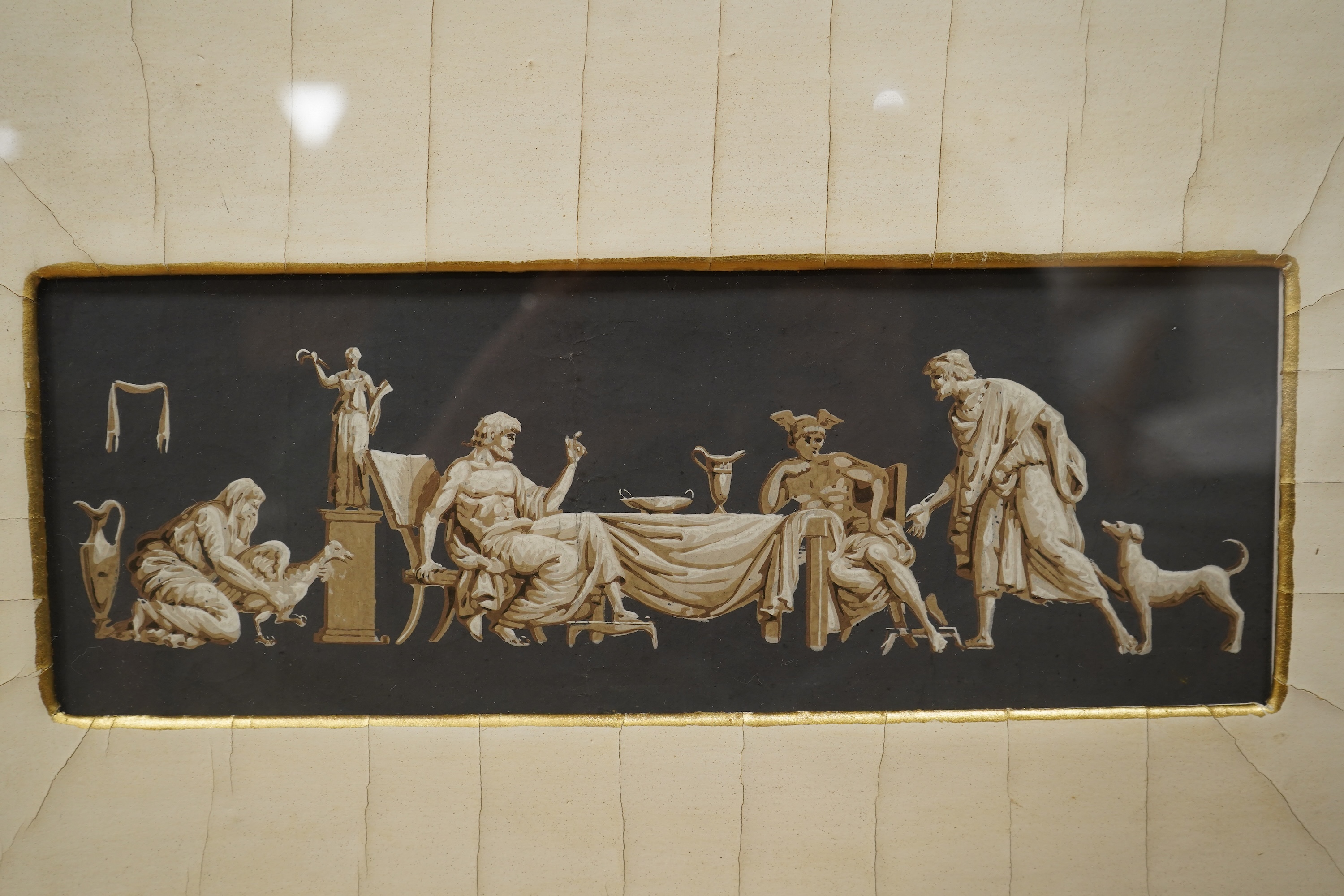 Neopolitan School, Classical figure groups, pair of en grisaille gouaches, housed in gilt and ebonised frames, each 9 x 26cm